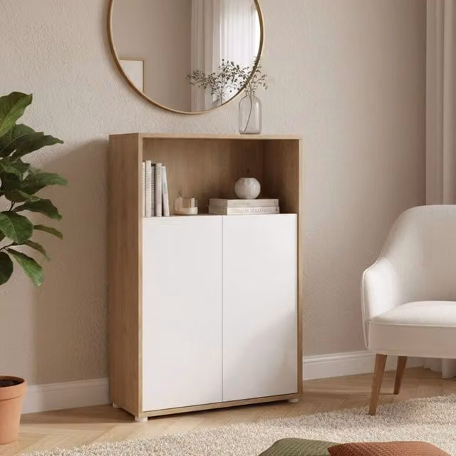 Credenza Canossa DMORA, Buffet da soggiorno e Madia da cucina, Rovere e Bianco, L 80 x P 34 x H 124 cm – 1