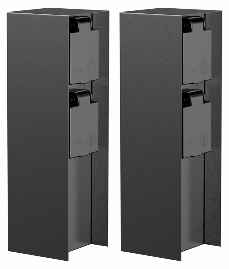 ledscom.de - 2 colonne di prese da esterno POMI per giardino, IP44, doppia presa, acciaio inossidabile, nere, a forma quadrata, 23 cm – dimensioni: 2 pezzi (confezione da 1), colore: nero / 2 prese