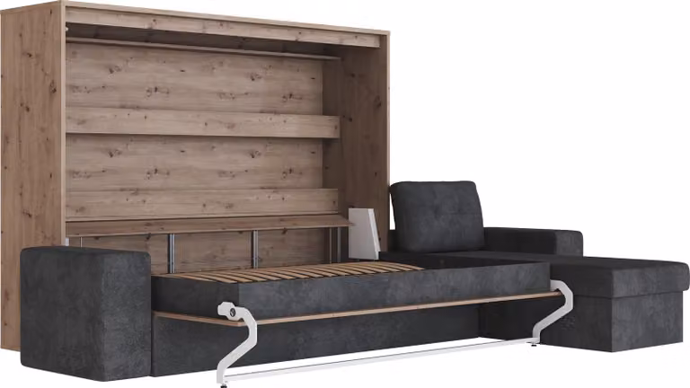Letto a scomparsa 160x200 orizzontale M2 (profondità 55 cm) antracite con divano ad angolo antracite Quercia selvatica