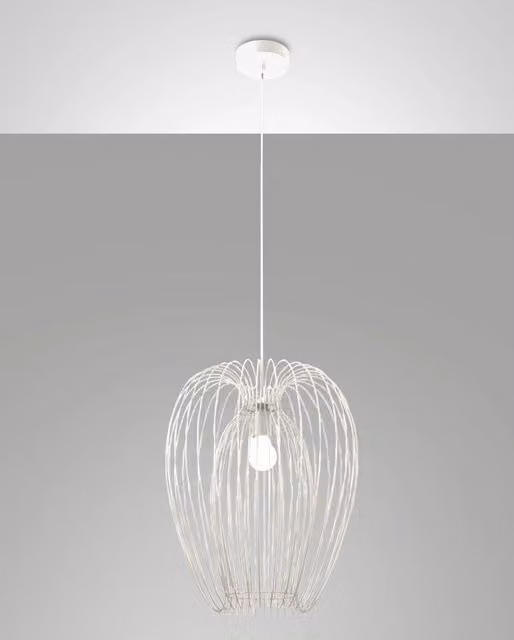 Lampada a sospensione Camp Fabas in metallo bianco con design industriale e attacco E27, ideale per cucina e sala da pranzo