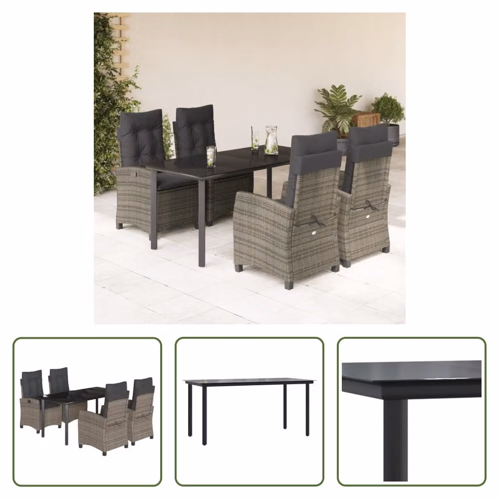 The Living Store Set da pranzo da giardino 5 pezzi con cuscini in poly rattan grigio