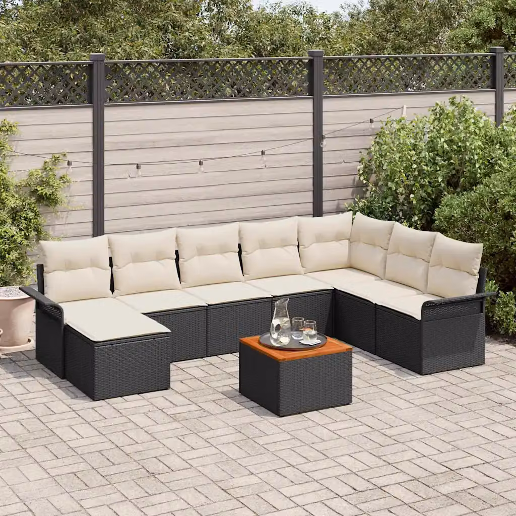 Set Divano da Giardino a L vidaXL in Polyrattan Nero con Cuscini e Tavolino da 9 Pezzi – 1