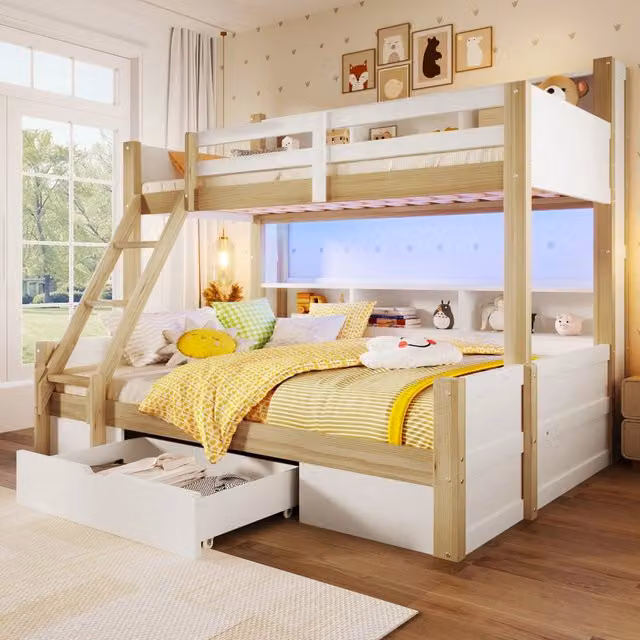 Letto a castello 90x200 e 140x200 cm con cassetto e LED; in pino; MDF e compensato; bianco e naturale per cameretta