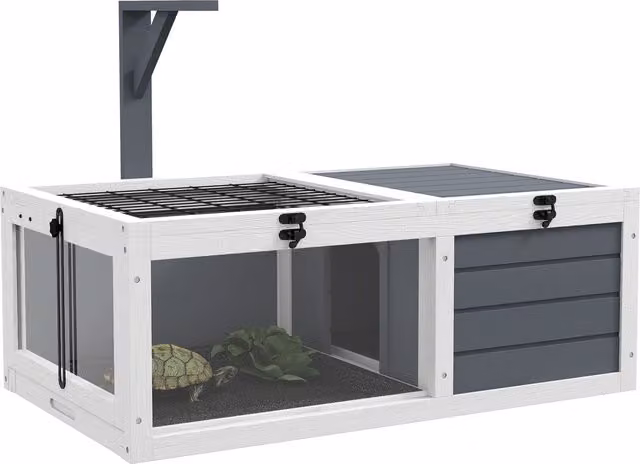 Casa per tartarughe di terra PawHut in legno di abete con 2 coperchi apribili e 2 spazi, Grigio