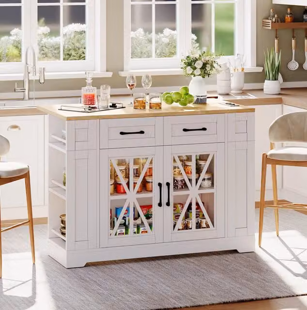 Isola da cucina 120 cm bianca e naturale con piano pieghevole e contenitori