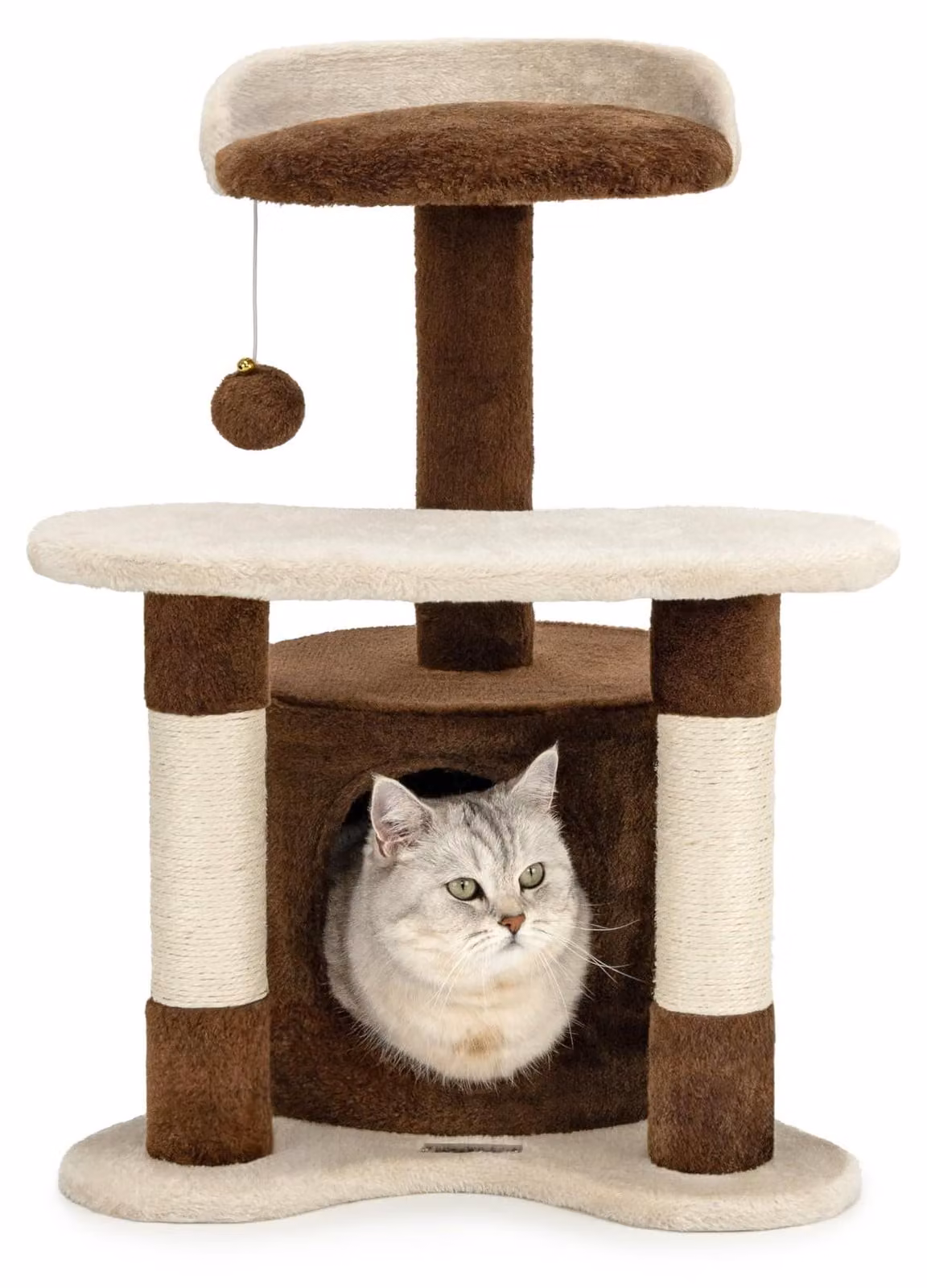 albero tiragraffi e giochi lionto, albero per gatti robusto da 65 cm con steli in sisal, grotta in peluche e palla da gioco, ideale per gatti di piccola taglia, marrone/beige