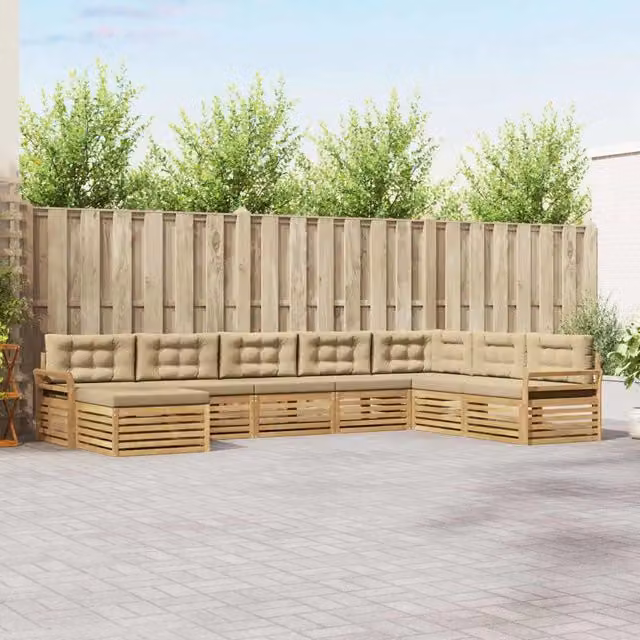 Set di divani da esterno a L con ottoman vidaXL in legno di acacia, colore bianco e beige, composto da 8 pezzi con cuscini inclusi