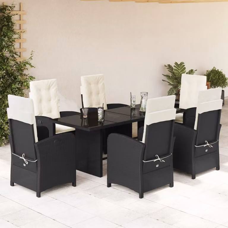 vidaXL Set da Pranzo da Giardino 7 pz in Polyrattan Nero con Cuscini e Tavolo in Vetro