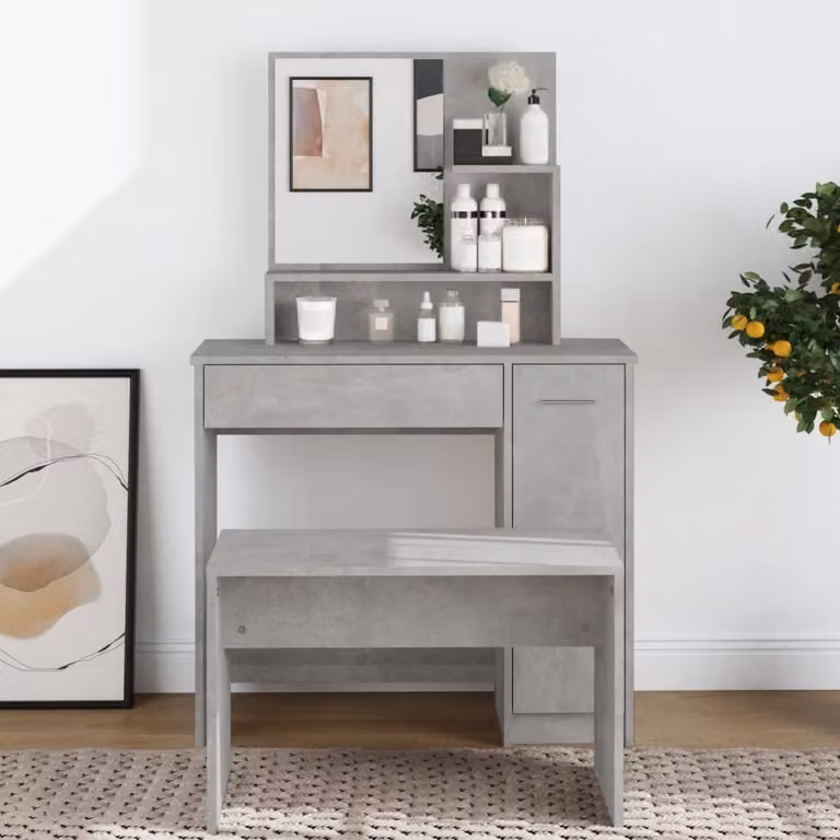 The Living Store Comodino con specchio grigio cemento 86,5x35x136 cm