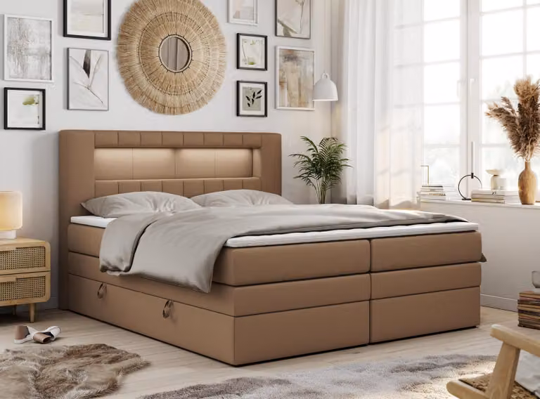 Letto boxspring con testiera LED e topper - GOLD-5-KING - 180x200 cm - Marrone - Media rigidità (H3)