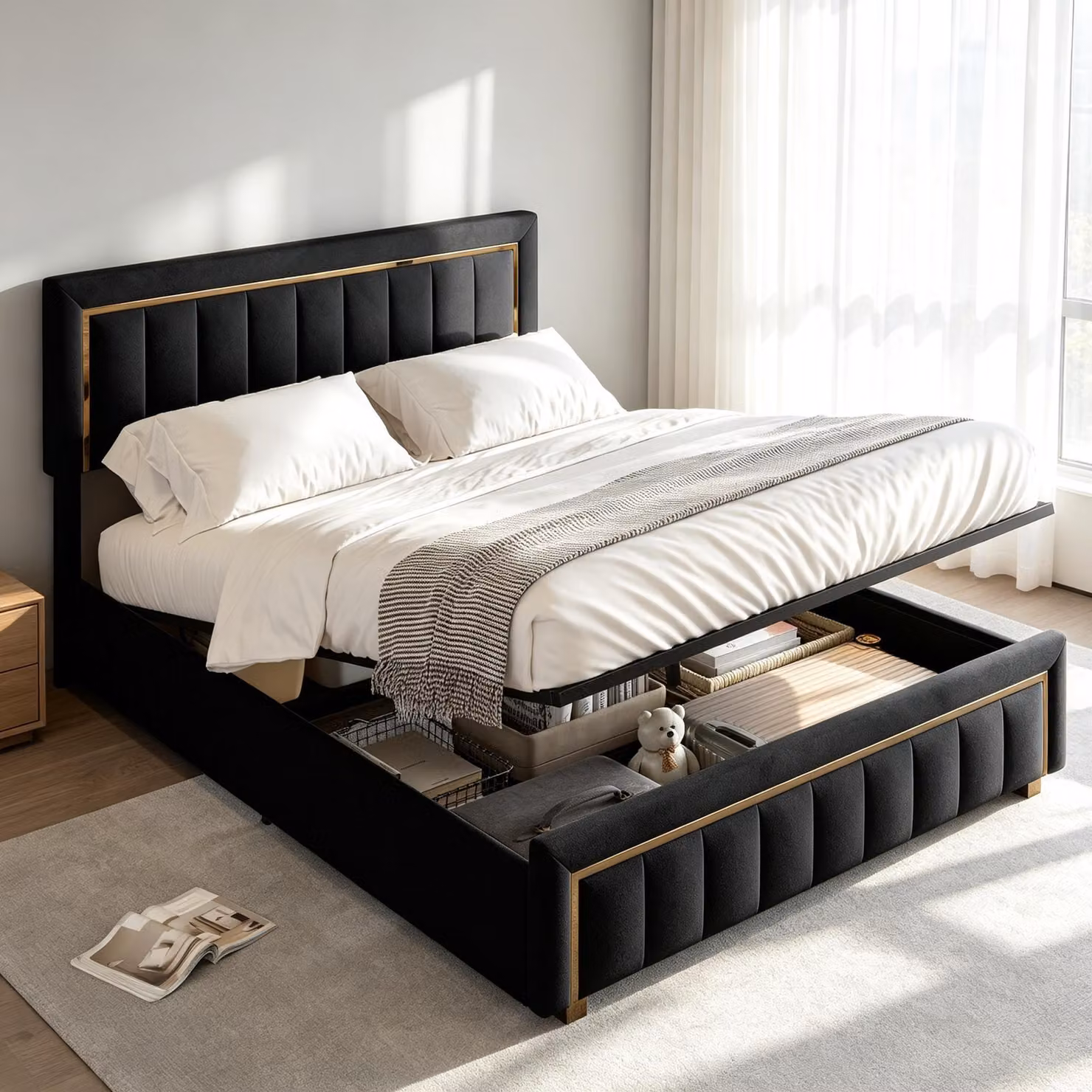 Letto imbottito INONEFT 140x200 cm, con contenitore, tipo boxspring, letto matrimoniale con spazio contenitivo, struttura letto con rete a doghe, colore nero, rivestito in velluto