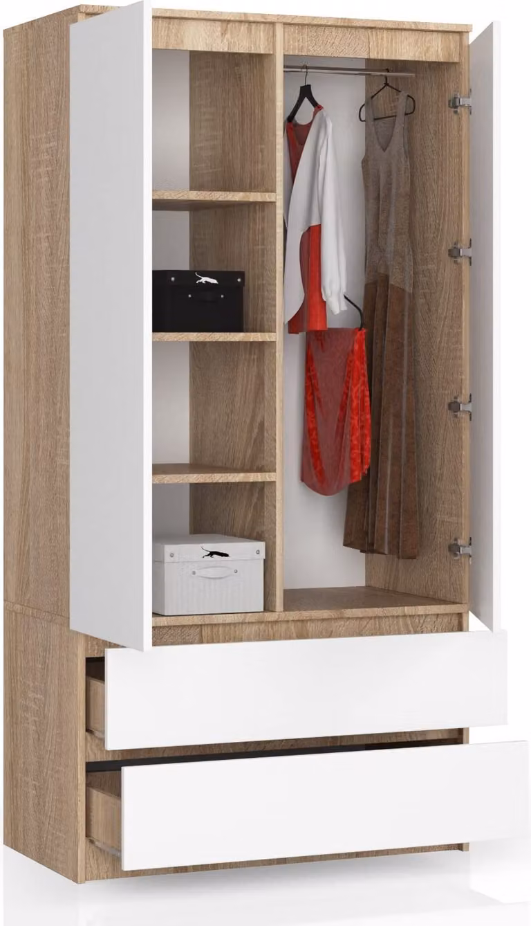BDW, armadio 2 ante, 2 cassetti, 180x90x51 cm, rovere Sonoma / bianco