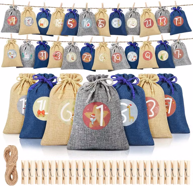 Calendario dell'Avvento da riempire - Grande - 24 sacchetti per il calendario dell'Avvento con numeri - Sacchetti per l'Avvento - Calendario di Natale da riempire personalmente