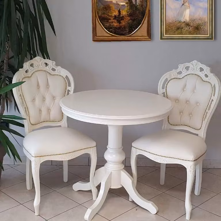 Set tavolo rotondo e 2 sedie capitonné in ecopelle Mobili 2G Bianco Beige Oro L: 80 cm, P: 80 cm, H: 78 cm