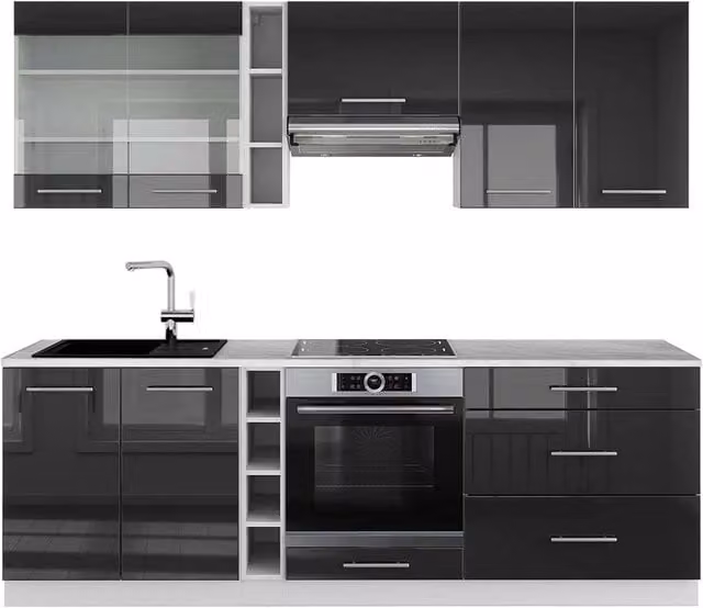 Cucina componibile moderna Fame-Line Vicco colore antracite lucido e bianco con piano in marmo L: 235 cm, P: 60 cm, H: 184,8 cm