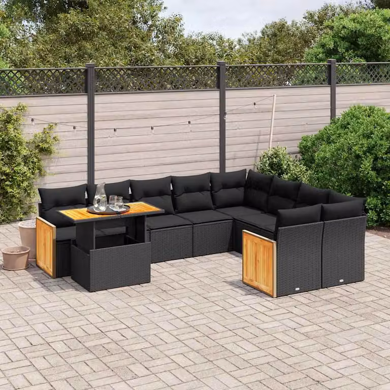 vidaXL Set Divani da Giardino 10 Pezzi a Forma di U in Polyrattan Nero con Cuscini e Tavolino da Esterno