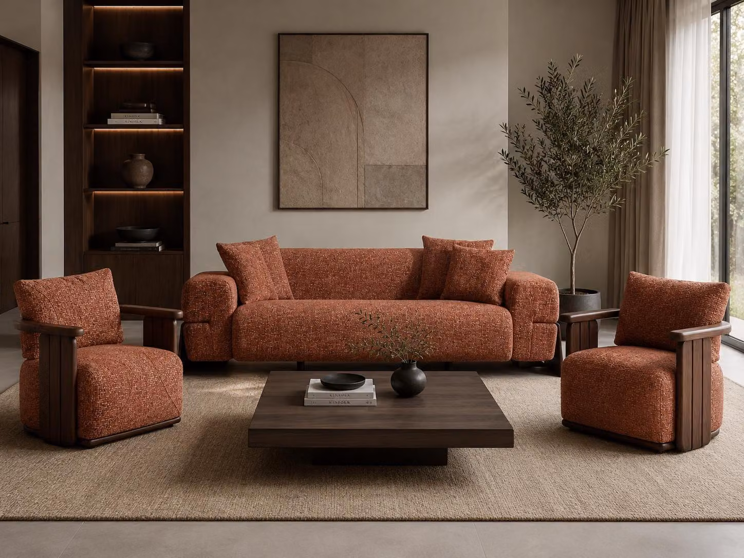 Wohnzimmer Set 3-Sitzer Sofa 2 Sessel Braun Stoff Holz Modern Design