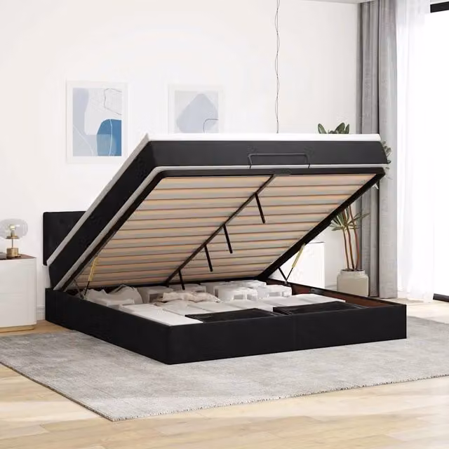 Letto con contenitore a sollevamento vidaXL in velluto nero e bianco con materasso L 160 x P 200 cm