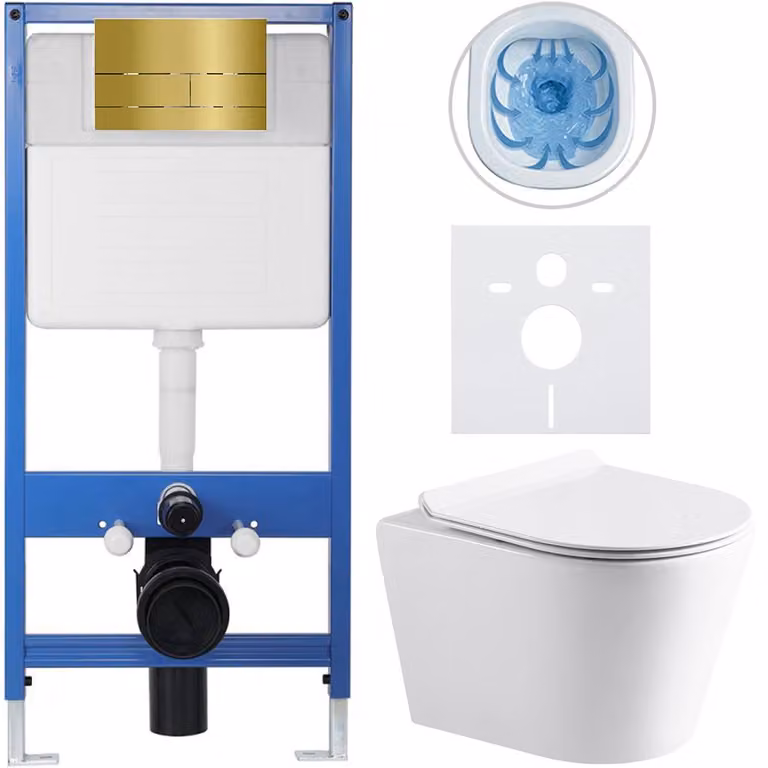 CERANO - Set completo per WC da incasso Lite/Norbi - bianco lucido - pulsante per WC Line, dorato - installazione a parete - 48,5x36,5 cm