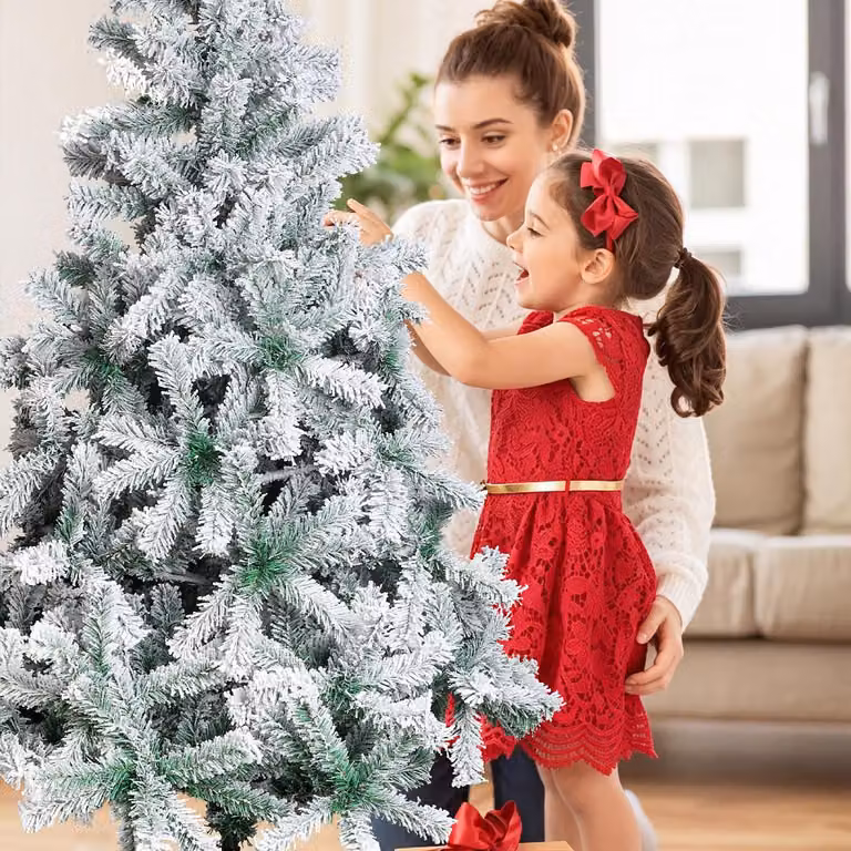 Albero di Natale artificiale Ikodm con effetto neve, rami automatici e supporto in metallo pieghevole, facile da montare con sistema a innesto, riutilizzabile, 150 cm