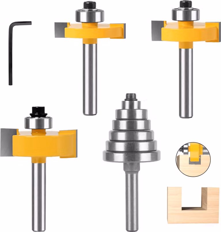 Set di scalpelli frese, composto da 3 pezzi, con attacco da 8 mm e 6 cuscinetti regolabili, per lavori in legno