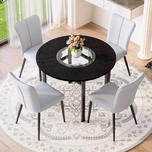Set tavolo da pranzo rotondo MIVRAY con sedie in PU grigio chiaro, piano in MDF e vetro e gambe in metallo nero