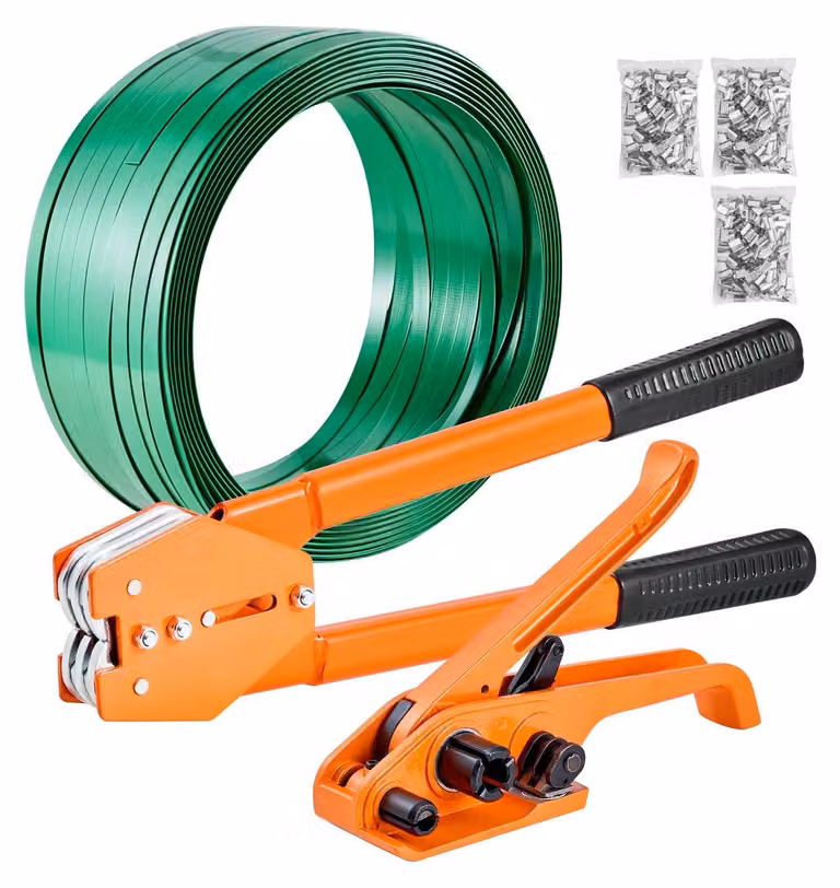 Kit di reggiatura, sigillatore per reggiatura resistente con nastro in PET da 305 m, 300 sigilli metallici, kit di reggiatura manuale in plastica per imballaggio di pallet per magazzino/spedizione/traslochi/casa, arancione