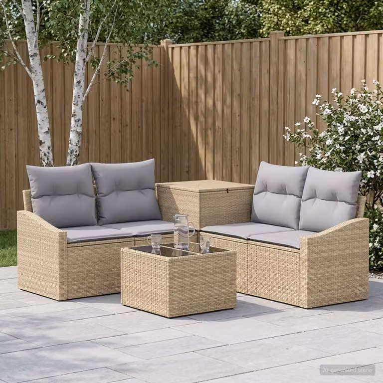 Set di divani da giardino vidaXL in polyrattan con cuscini beige e grigio chiaro, composto da 6 pezzi con tavolino e pouf coordinato