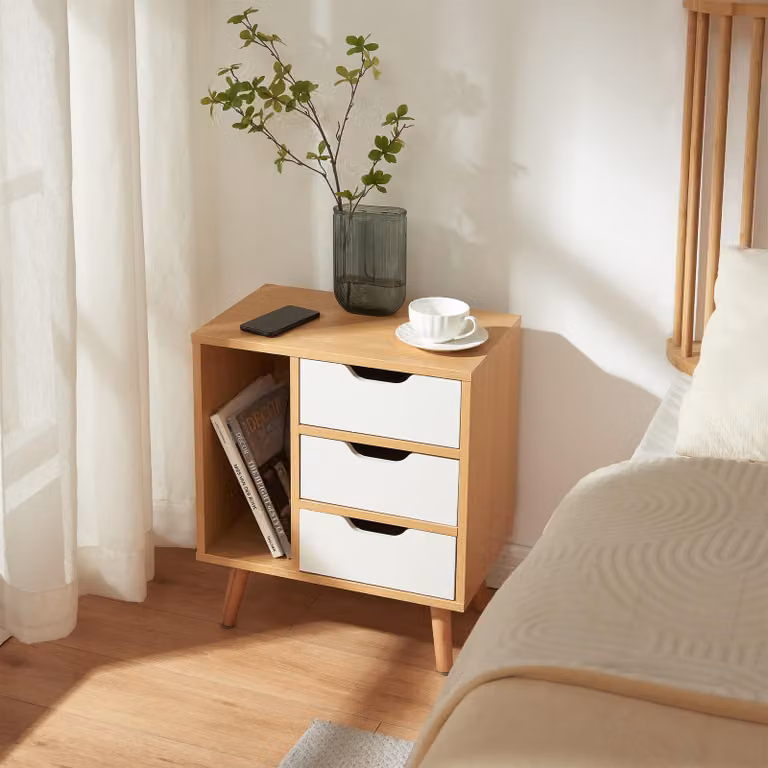 Comodino "Bordkak" con 3 cassetti e 1 ripiano 55 x 48 x 30 cm Gambe in legno effetto rovere/bianco