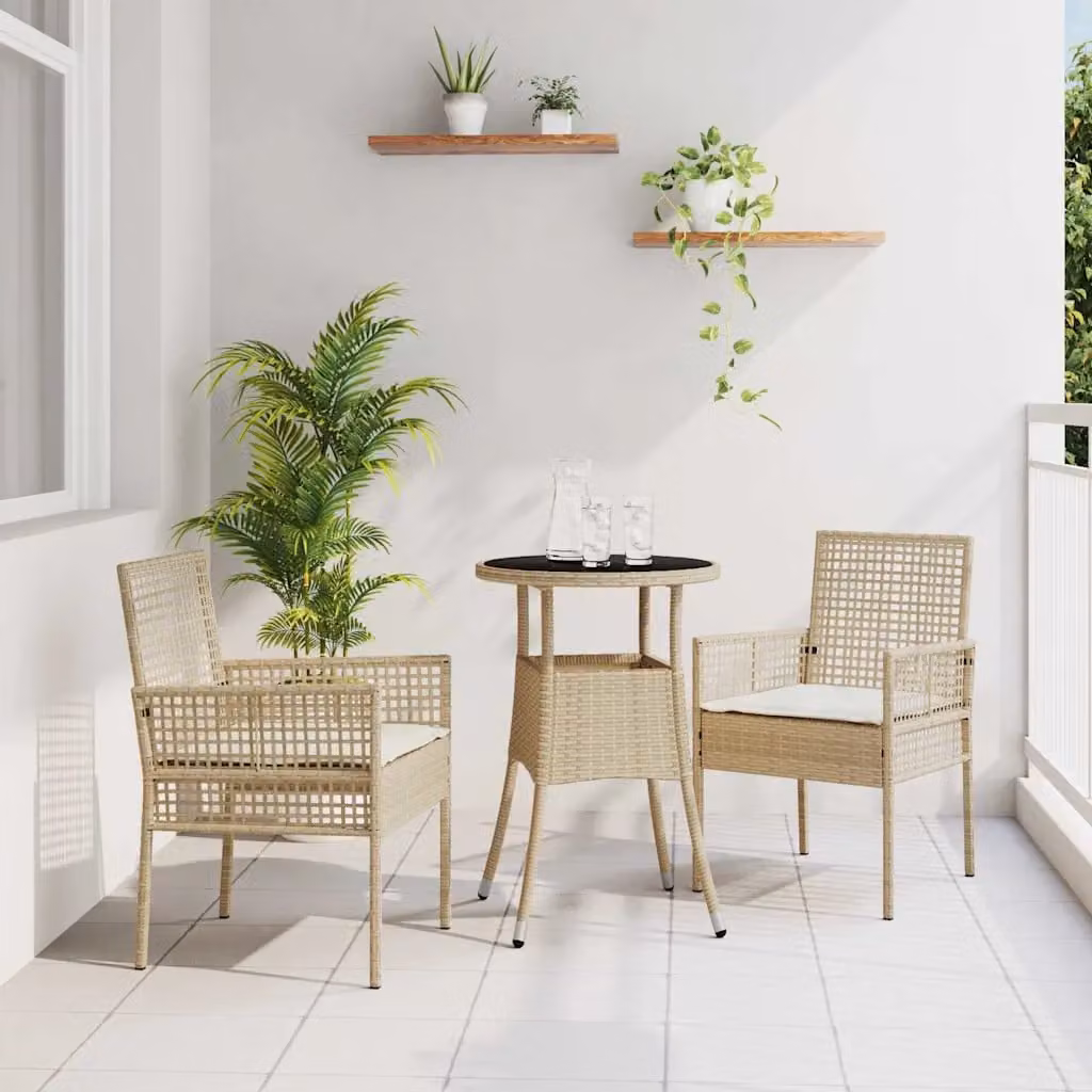 Set da pranzo per giardino e terrazzo vidaXL in polyrattan e vetro beige, 3 pezzi