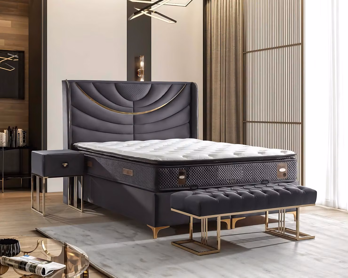 Elegantes graues Bett mit Matratze aus Textil und Holz