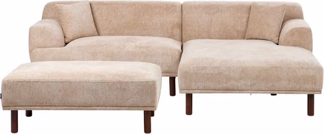 Divano ad angolo sinistro Beliani in tessuto beige con pouf, funzione letto e cuscini coordinati, stile minimalista, L: 241 cm x P: 159 cm x H: 82 cm – 1
