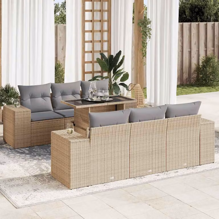 Set di divani da giardino vidaXL in polyrattan 7 pezzi con cuscini beige e tavolino da esterno a forma di L