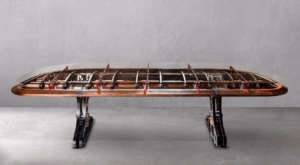 Casa Padrino scrivania in stile industriale con piano in vetro argento / marrone / rosso 333 x 125 x h. 78,5 cm - Scrivania in stile industriale - Mobili da ufficio in stile industriale - Mobili in stile industriale