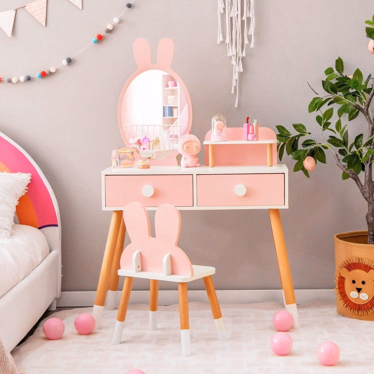Set tavolo da toeletta e sedia per bambini 2 in 1 con specchio, 2 cassetti e portaoggetti Rosa