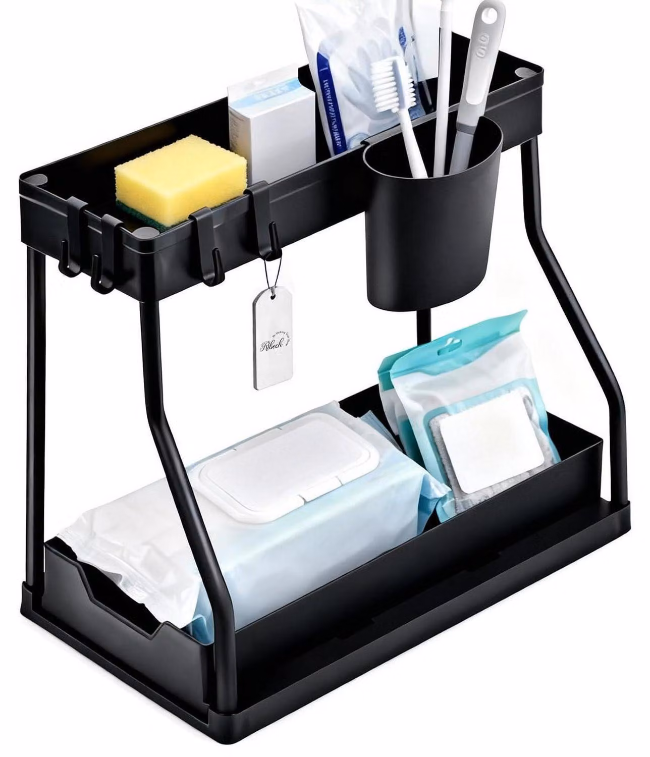 Mobiletto sotto lavello, a 2 ripiani, estensibile, con cassetto e contenitore a gancio, colore nero, dimensioni 37,5 x 20,5 x 33,5 cm