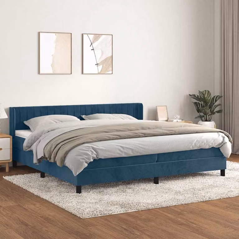 vidaXL Giroletto a Molle con Materasso in Velluto Blu Scuro e Bianco L/P/H: 200 x 200 x 88 cm