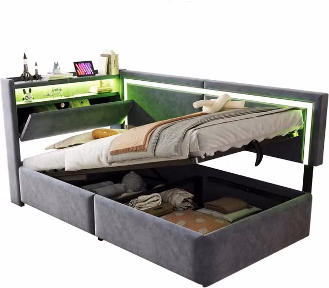 Divano letto singolo 90x200 cm con contenitore idraulico; LED e USB in velluto grigio