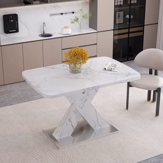 Tavolo da pranzo allungabile con piano effetto marmo bianco stampato in MDF e base in acciaio 120-160 × 80 × 76.5 cm