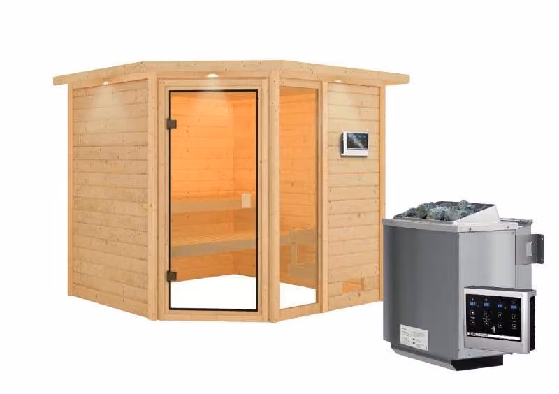 Sauna Woodfeeling Tabea (ingresso ad angolo), porta tutto vetro, bronzata, riscaldatore 9 kW controllo esterno semplice