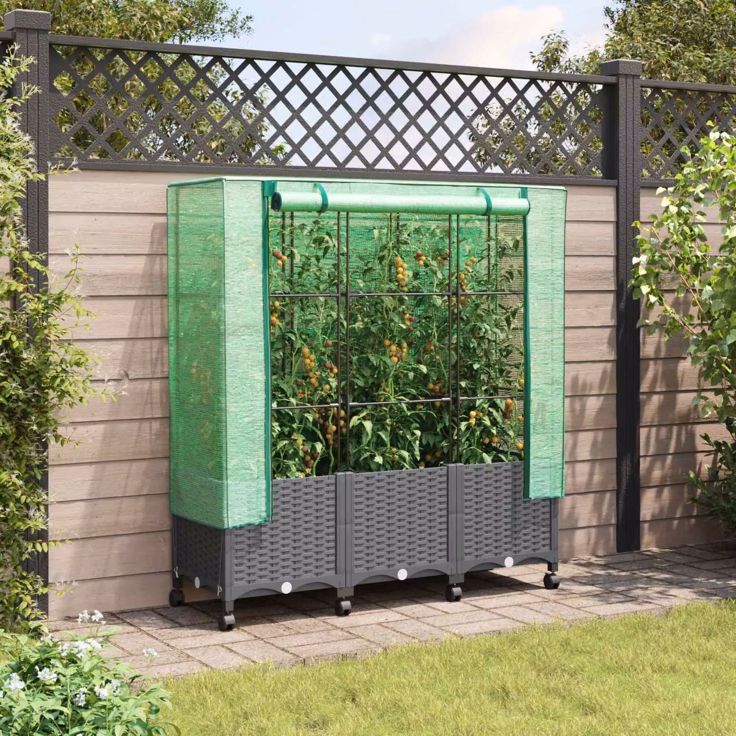Set di 3 vasi da giardino con copertura per serra e ruote vidaXL in plastica, grigio e verde