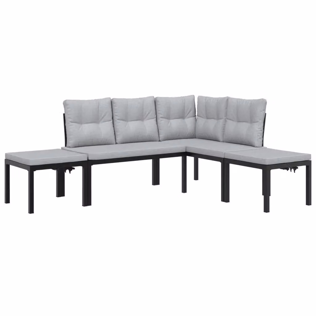 Set Divano da Giardino a L vidaXL con Cuscini in Poliestere Grigio e Nero in Acciaio Verniciato a Polvere – 2