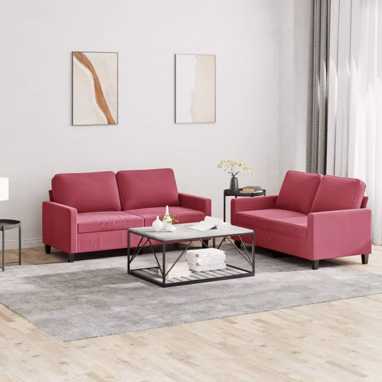 Set di 2 Divani vidaXL in Velluto Rosso con Cuscini per Soggiorno Moderno