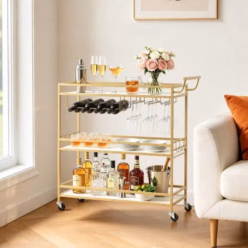 Carrello da Bar VEVOR con 3 Ripiani in Legno e Struttura in Metallo, Colore Dorato, L/P/H: 91 x 33 x 93,5 cm