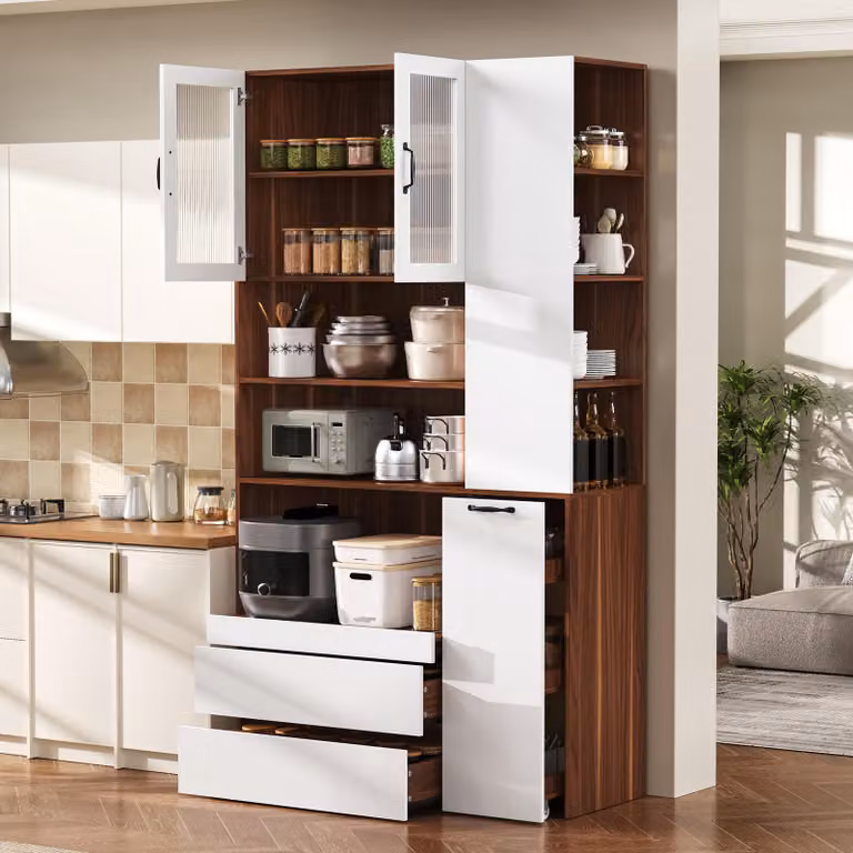 Merax: mobile da cucina alto, credenza con ripiani estraibili e vetro rigato, cassetto, per sala da pranzo, soggiorno, cucina, bianco + noce