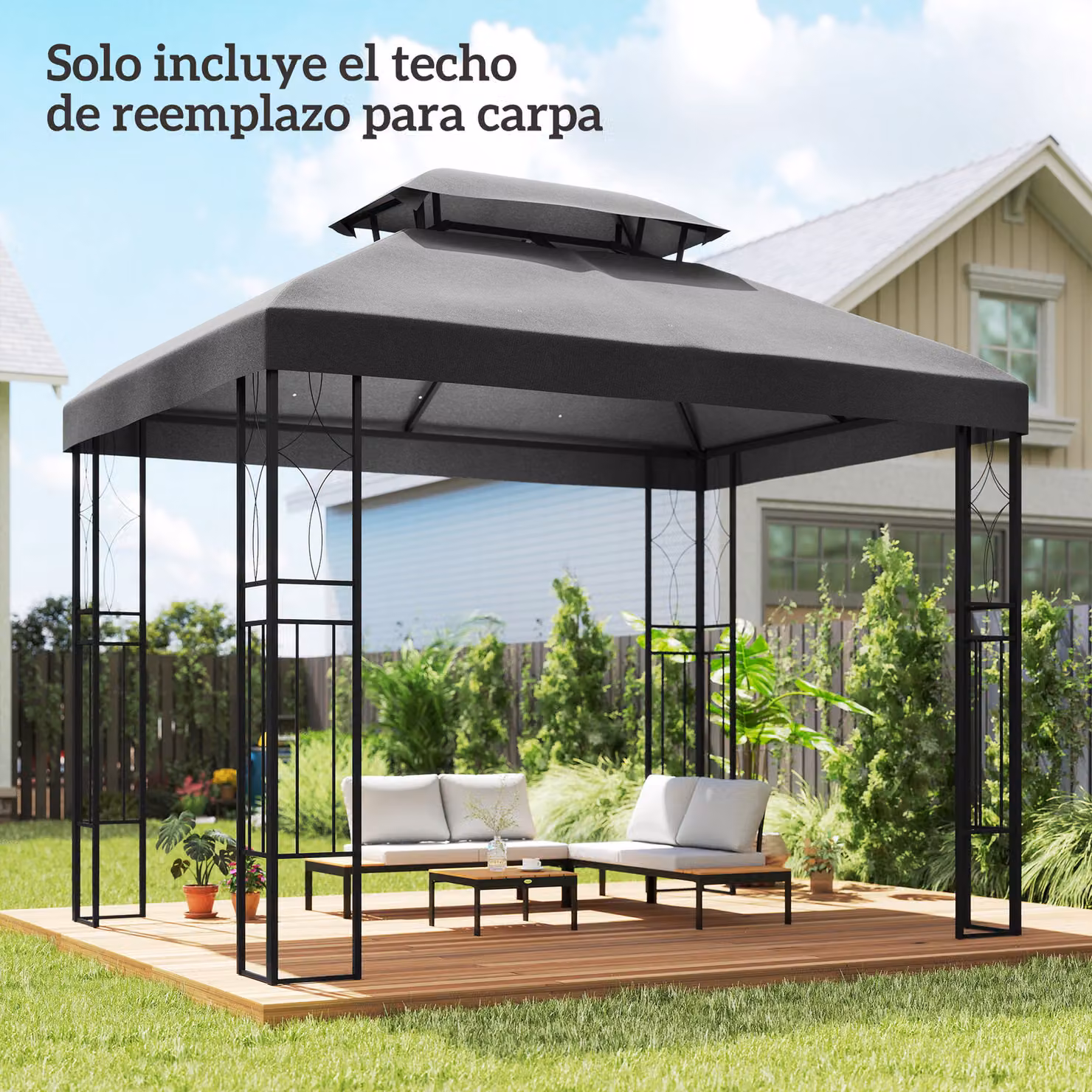Telo di ricambio Outsunny per gazebo con tetto doppio, protezione UV e fori di drenaggio, Grigio Scuro, 4 x 3 m – 2