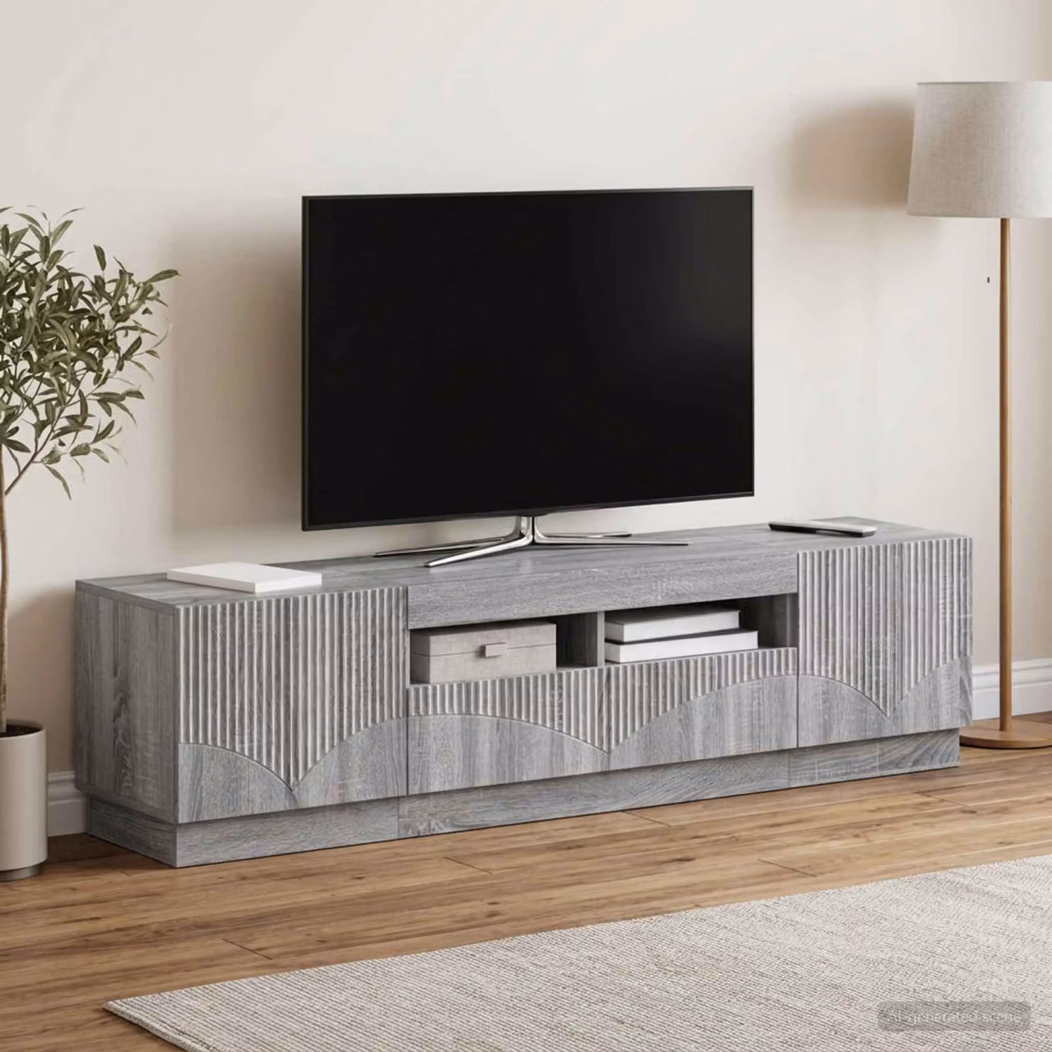 Mobile TV stand vidaXL HOORN con illuminazione integrata, colore grigio e legno Sonoma, in legno ingegnerizzato per il tuo soggiorno, L: 179 cm, P: 35 cm, H: 40 cm
