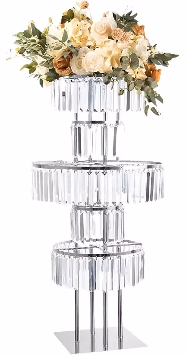 Supporto per fiori in cristallo, decorazione da tavolo - Vaso centrale - Base per lampadario a 5 piani - Con cristalli pendenti - Ideale per matrimoni e feste di compleanno - Argento