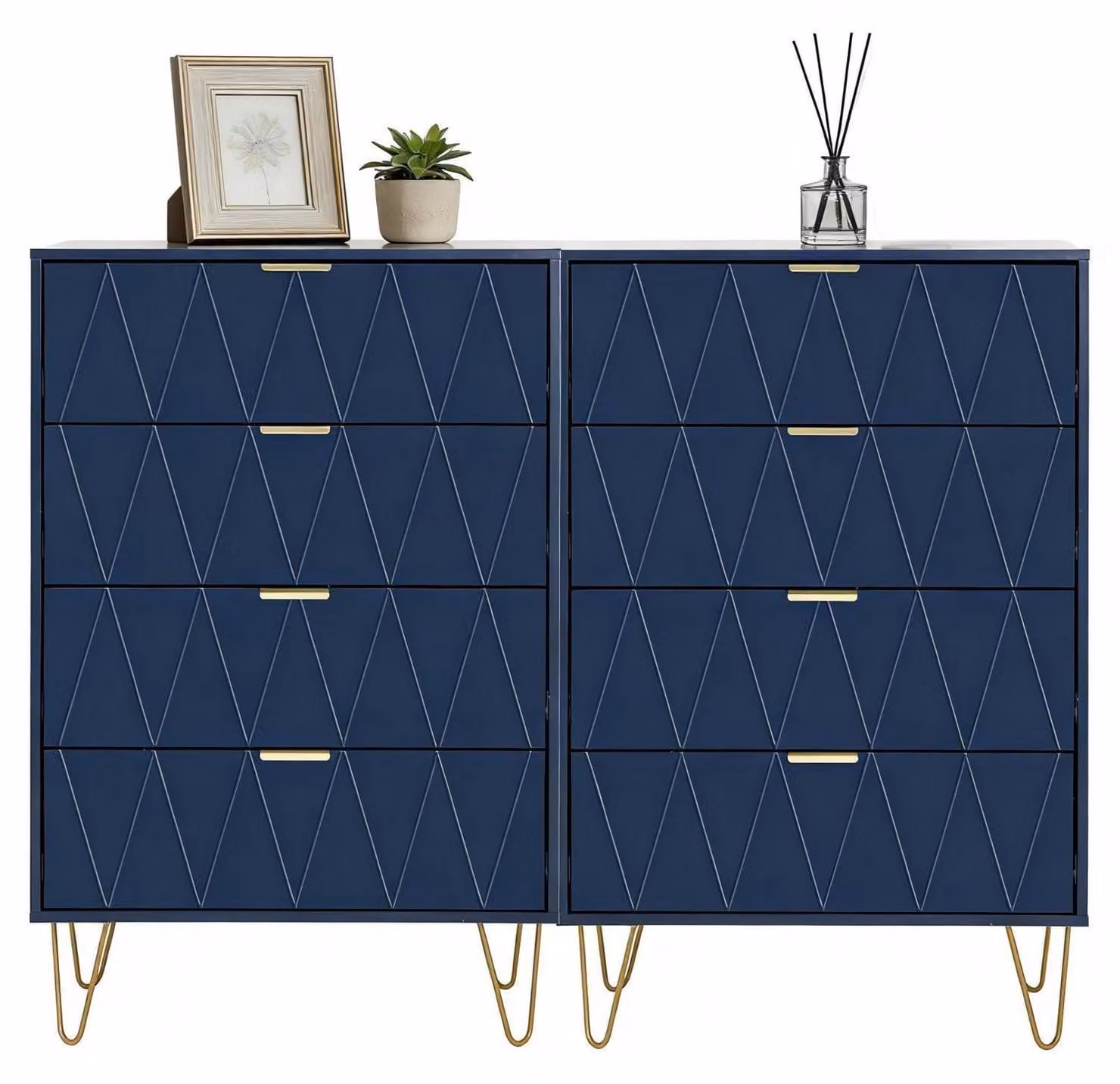 Comodino con 8 cassetti, in legno, color blu scuro, dimensioni 120 x 34 x 91 cm