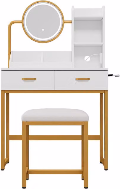 Toeletta moderna con illuminazione a LED e top rotante, Bianco e Oro, RN Store – 1